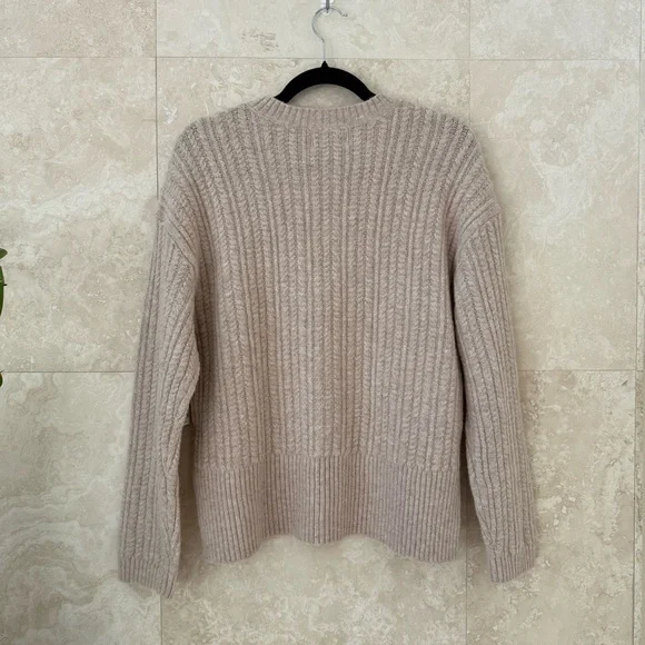 Nine West Beige Ribbed Rhinestone Knit Sweater Crew Neck Fuzzy Medium NWT - Picture 2 of 7
